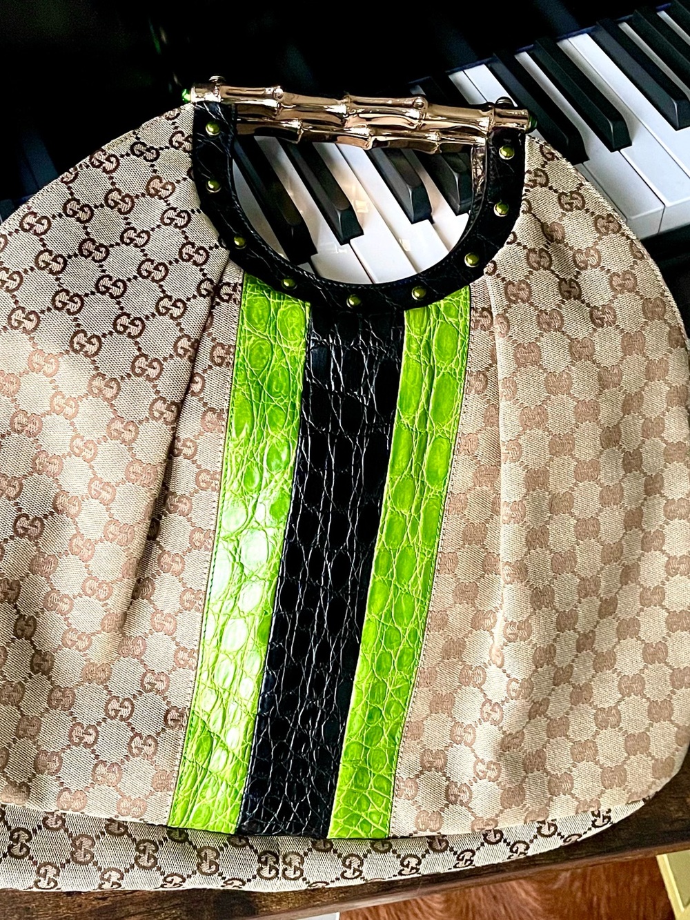 Gucci Beige Monogram Top Handle with Lime Green & Black Crocodile skin stripes